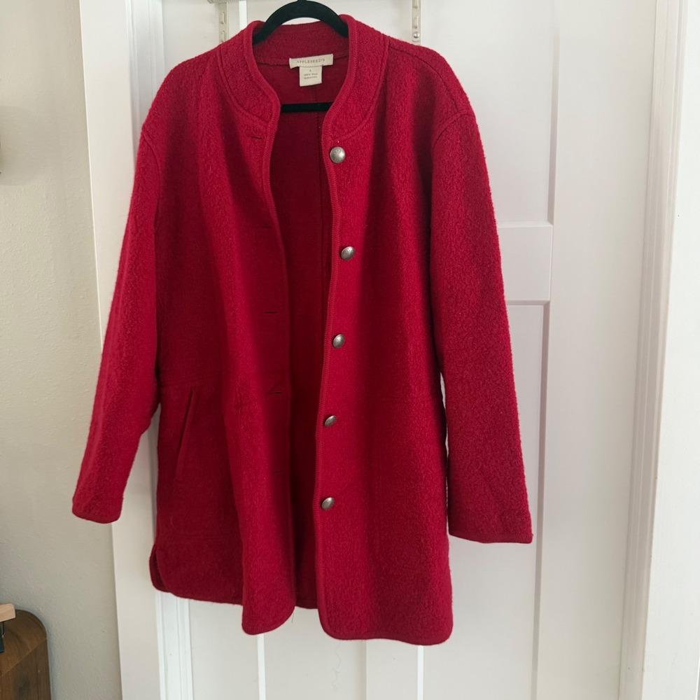 Appleseeds Red Boiled Wool Coat Womens Large Ornate Silver Button Stand Collar